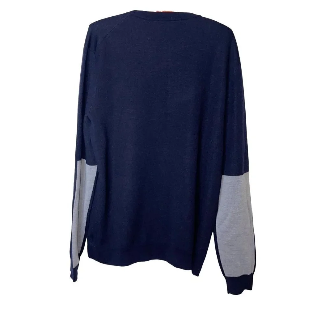 Theory Mens Sweater Blue Gray Size XL Wool Spandex Colorblock Sleeve Crew Neck
